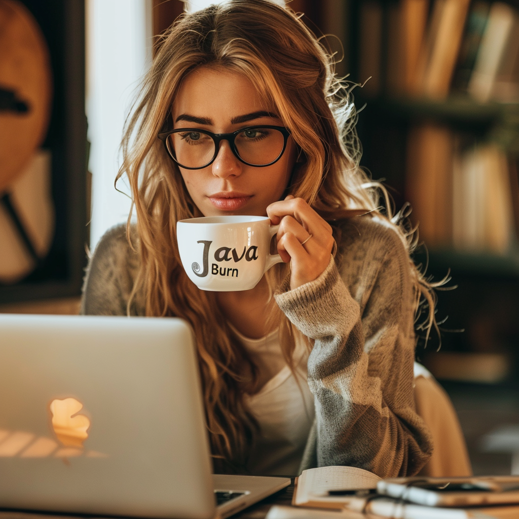 Young woman with glasses drinking Java Burn coffee while working on a laptop, representing EditGenius's services. Keywords: novel editors, how much does an editor cost, best proofreading service, Edit Genius, affordable book editors, best copy editing services, best paper editing services, rewriting, commissioned writing, file upload.