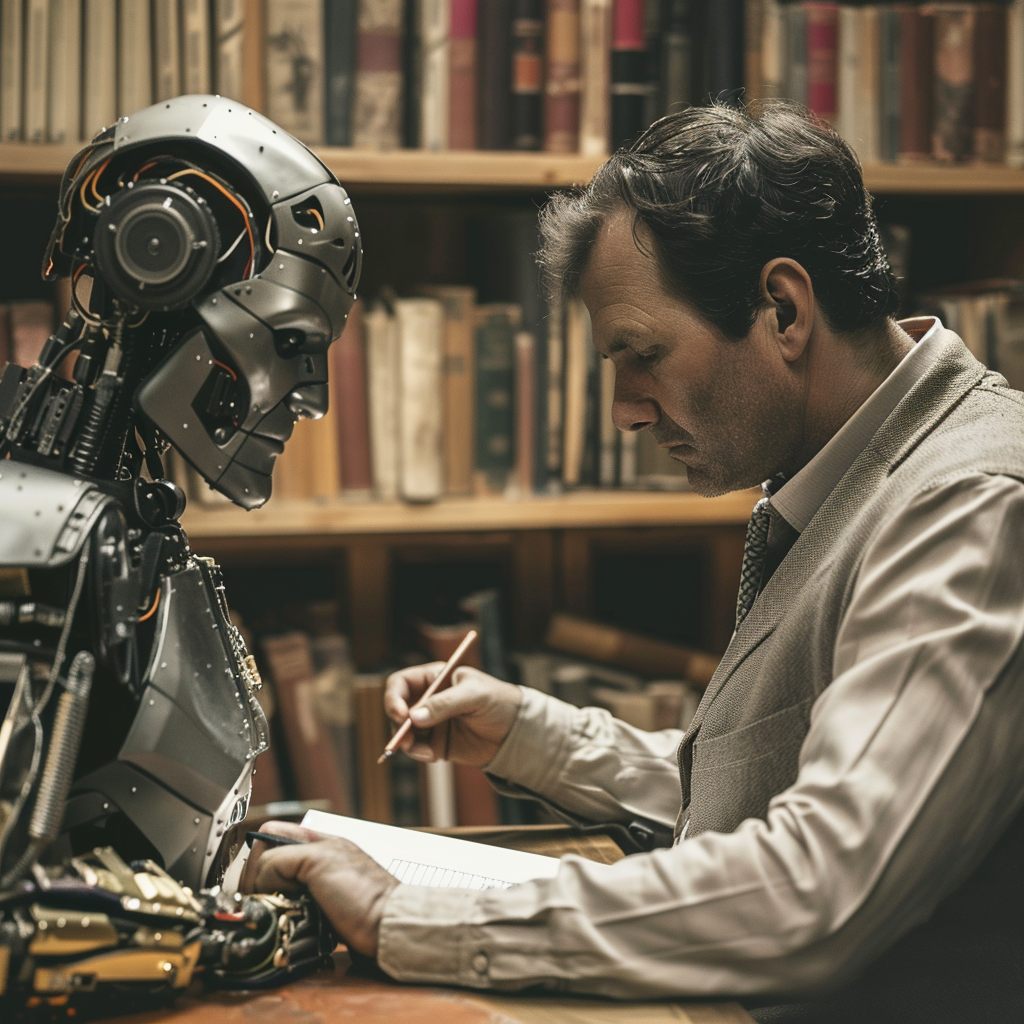 Man collaborating with a robot in a library, symbolizing the synergy between AI proofreaders and human proofreaders. Keywords: proofreading, copyediting, proofreader jobs, AI essay checker, paper checker, writing checker, proofreading services